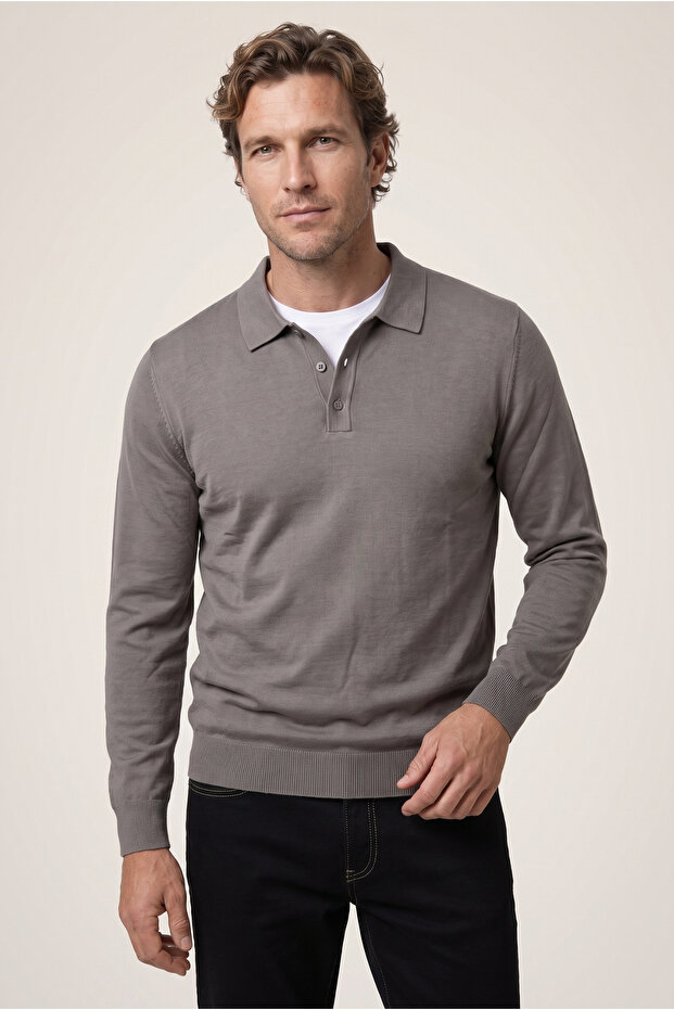 Regular Fit Buttoned Polo Neck Knitwear Sweater