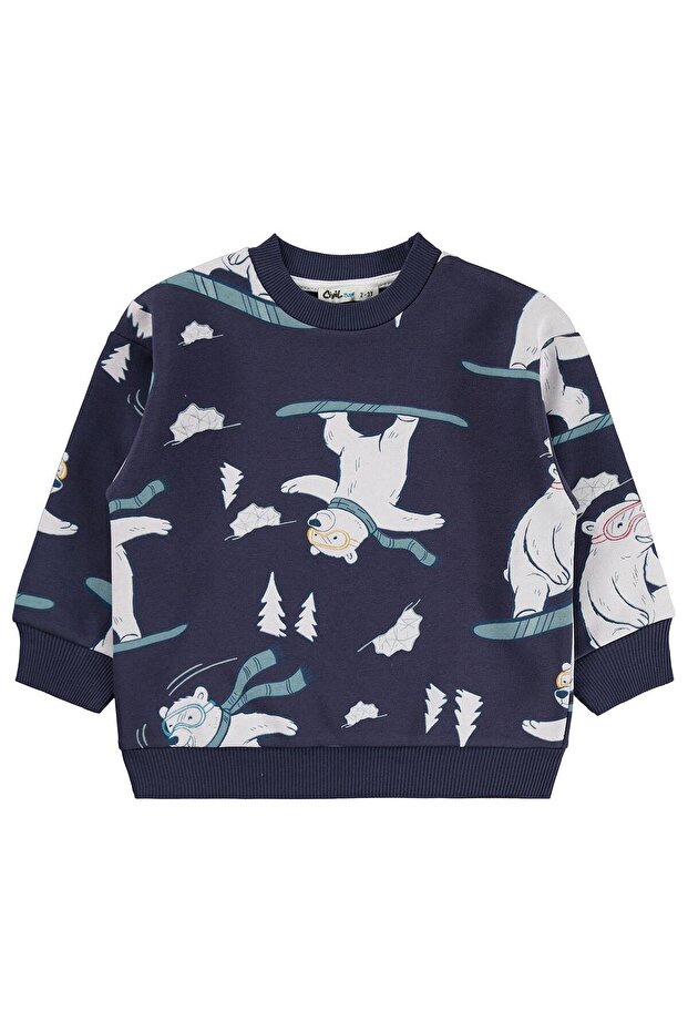 Civil Boy's Ski Bear Printed Sweatshirt | 3 Thread Long Arm | School Nursery and Daily Use - Navy Blue