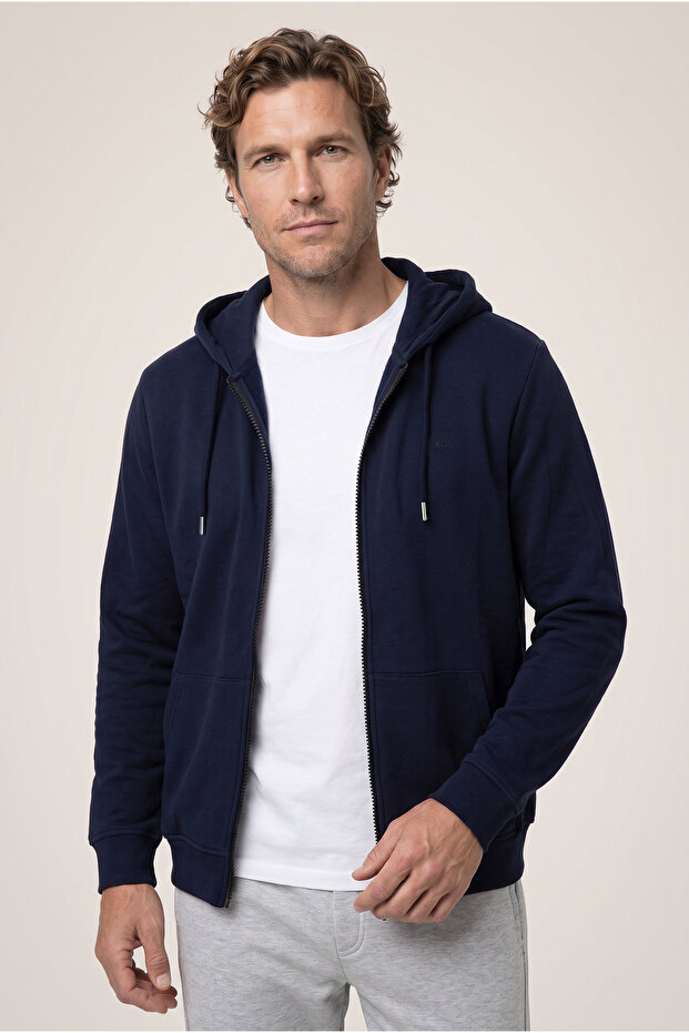 Hooded, Zippered, Pocketed, Regular Fit, Warm Cotton Basic Sweatshirt Cardigan