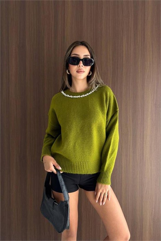 Women's Green Collar Stone Embroidered Oversized Knitwear Sweater Nbk25818 (Std-36-42)