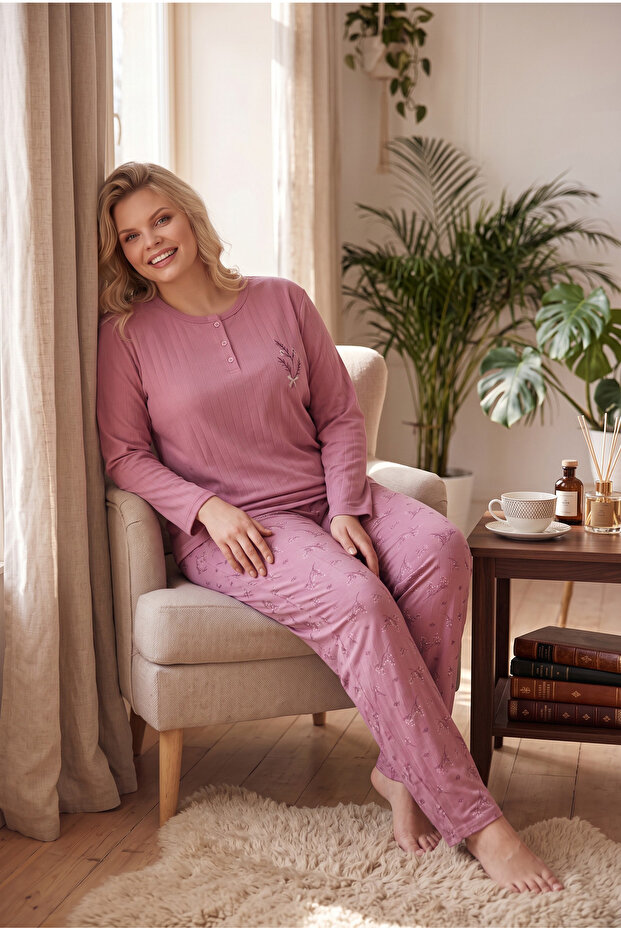 Ribbed Interlock Fabric Collar Buttoned Winter Plus Size Women's Pajama Set 2700