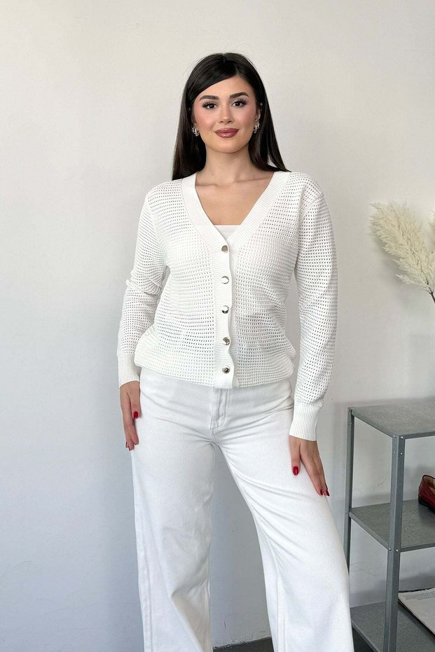 Women's V-Neck Buttoned Mesh Cardigan White - 27K 3345