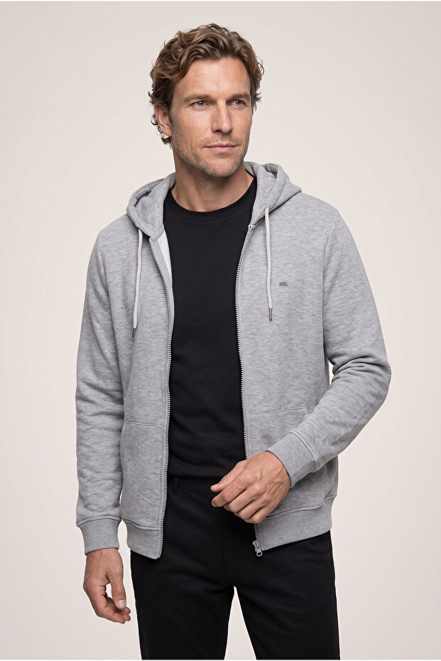 Hooded, Zippered, Pocketed, Regular Fit, Warm Cotton Basic Sweatshirt Cardigan