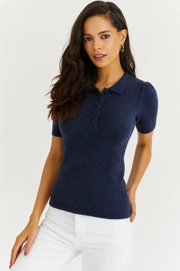 Women's Navy Blue Polo Collar Buttoned Short Sleeve Knitwear Blouse