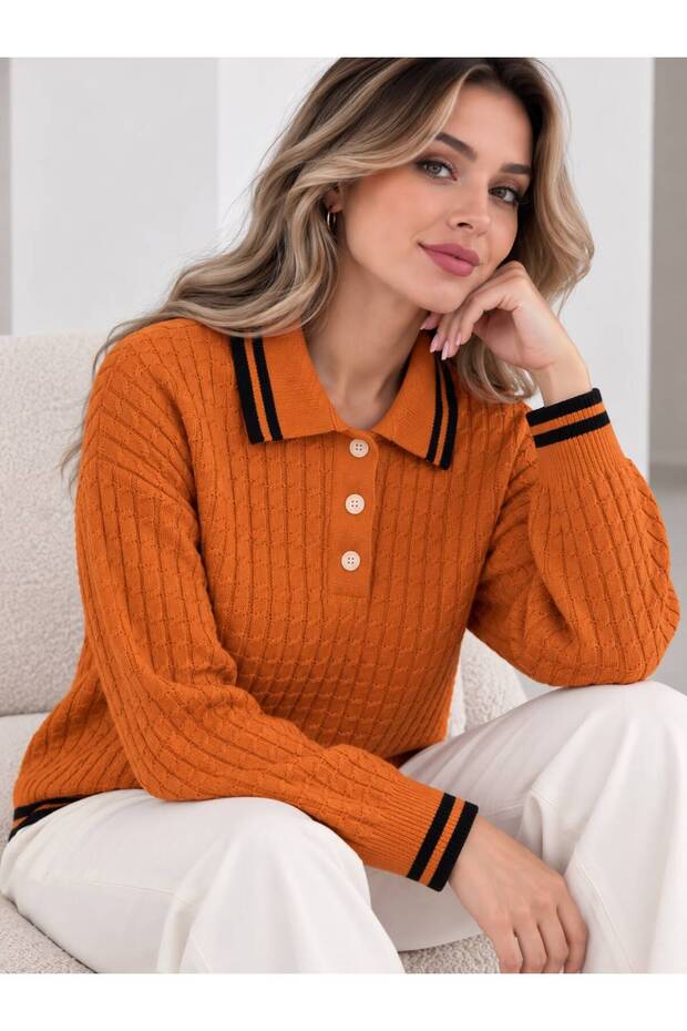 Polo Collar Stripe Detailed Knitted Women's Sweater