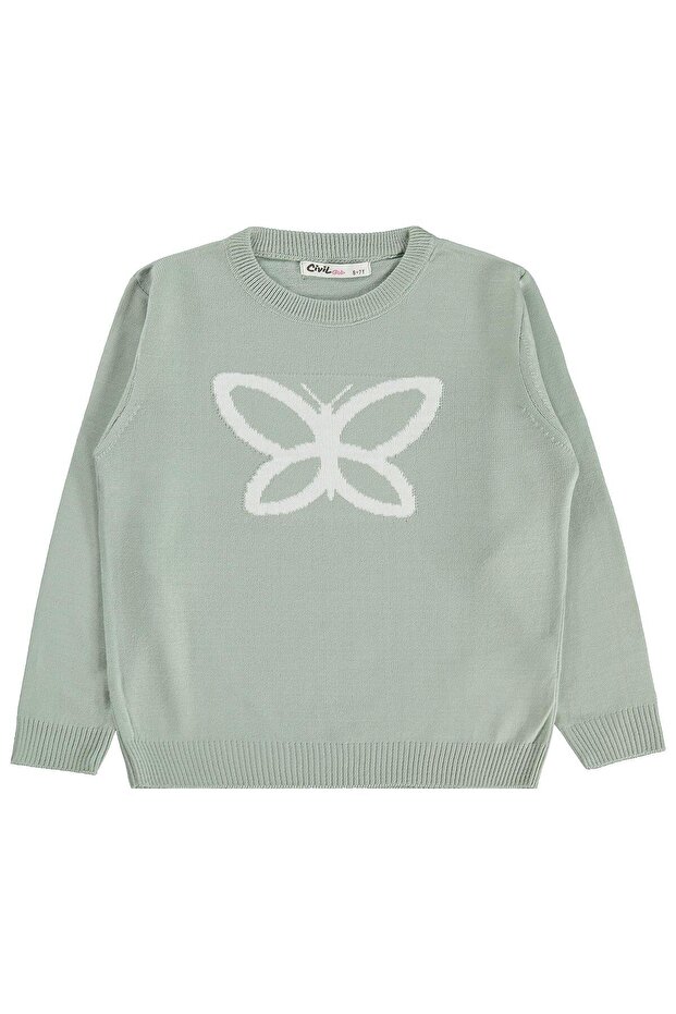 Butterfly Patterned Sweater for 6-9 Years Old - Green