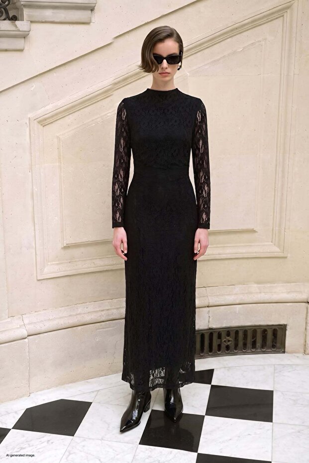 Long Sleeve Lace Dress - Black