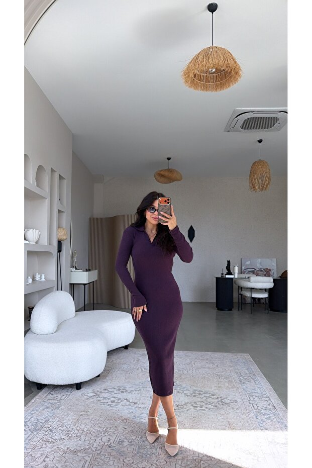 Plum Collared Soft Knitwear Dress