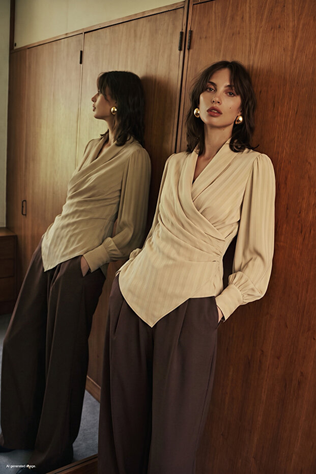 Striped Patterned Double-Breasted Blouse - Beige