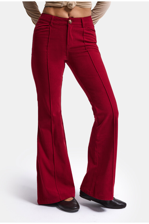 Women's Burgundy Flare Fit Smooth Textured Stretchy Velvet Fabric Trousers