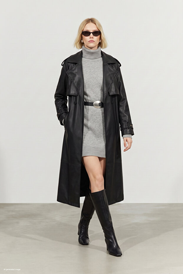 Long Leather Trench - Black