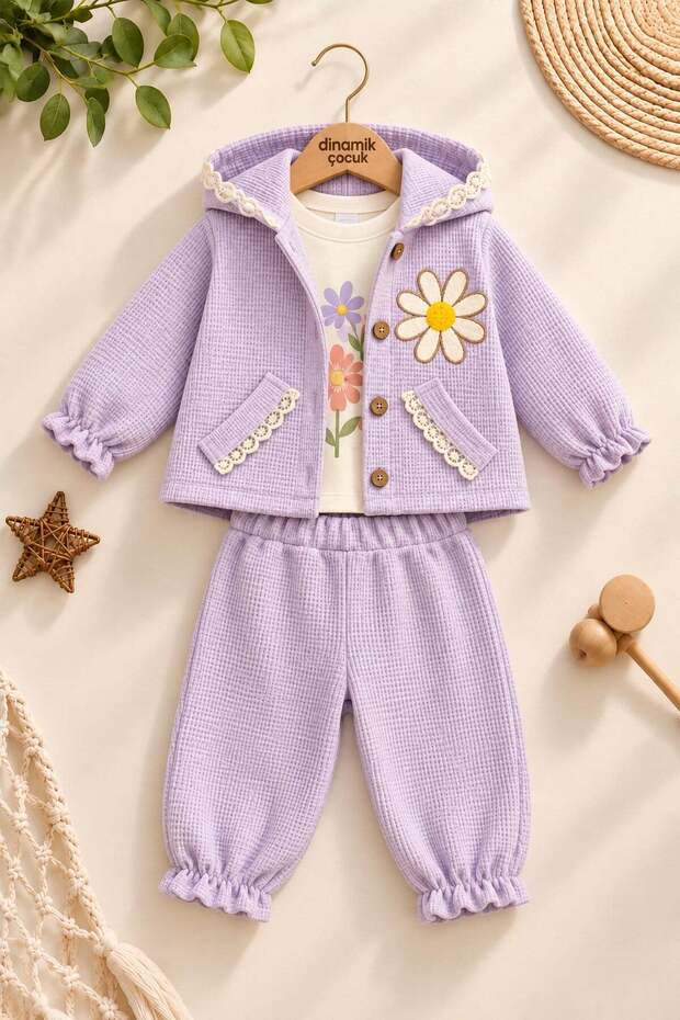 Baby Girl Floral Applique Hooded Ruffle Waffle Jacket Long Sleeve T-Shirt 3-Piece Seasonal Set 6-