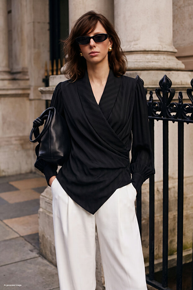 Stripe Patterned Double Breasted Blouse - Black