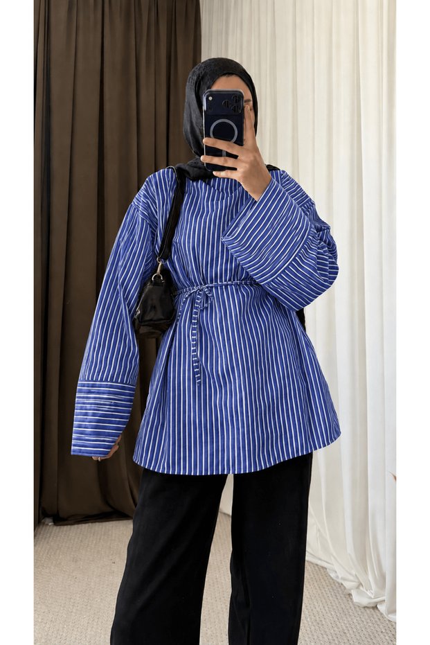 Oversized Striped Shirt with Piping Belt - Dark Blue