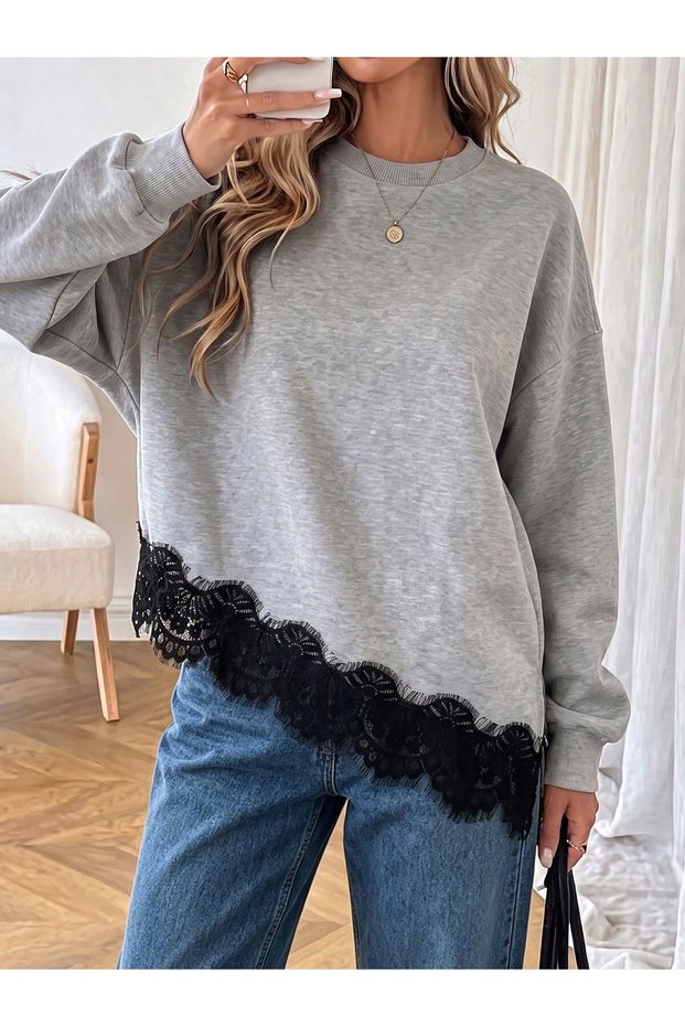 Gray Women's Lace Detailed Oversize Sweatshirt – Crew Neck Asymmetrical Cut Long Sleeve Stylish Casual S
