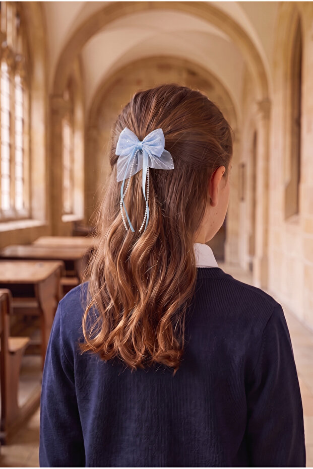 Stone-Embellished Bowknot Beaded Dangle Clip Buckle Blue