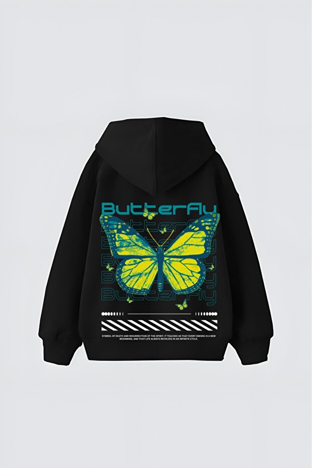 Black Unisex Futuristic Butterfly Printed Hooded Oversize Patterned Fabric Sports Sweatshirt Hzlkapbas24Ssweat