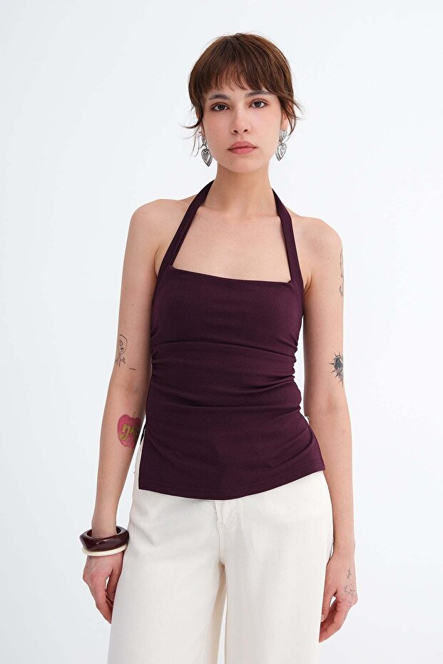 Neckline-Looped Gathered Side Blouse A390