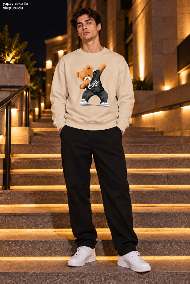 Men's Hoodie-Crew Neck Casual Regular Fit Sweatshirt with Teddy Bear Figure