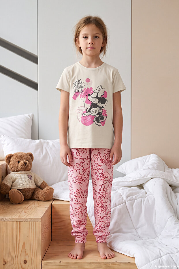 Girl's Short Sleeve Printed Combed Cotton Pajama Set 3039 Ecru