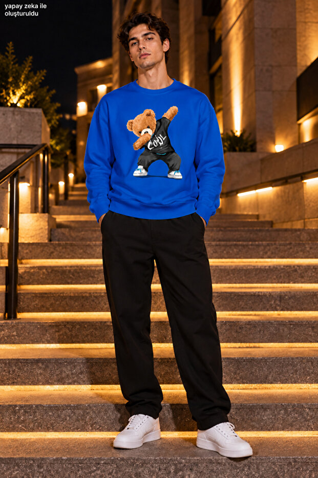 Men's Hoodie-Crew Neck Casual Regular Fit Sweatshirt with Teddy Bear Figure