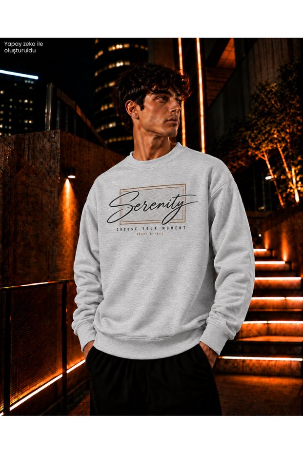 Men's Serenity Written and Tan Frame Detailed Crew Neck Casual Regular Fit Sweatshirt