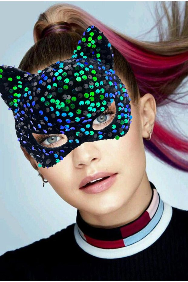 Blue Green Sequined Party Mask on Black Velvet Fabric 16X14 cm