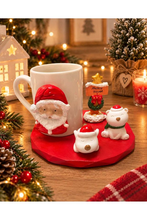 Christmas Themed Coffee Mug Set with Santa Claus Figure - Gift Coffee Cup with Bear and Dog Figure Coaster Tray