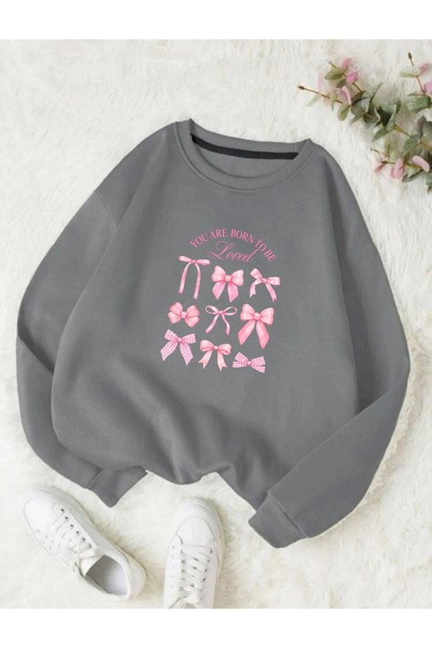 Genis Kesim Women's Oversize Thick Winter Sweatshirt Love Bow Printed Long Sleeve Crew Neck
