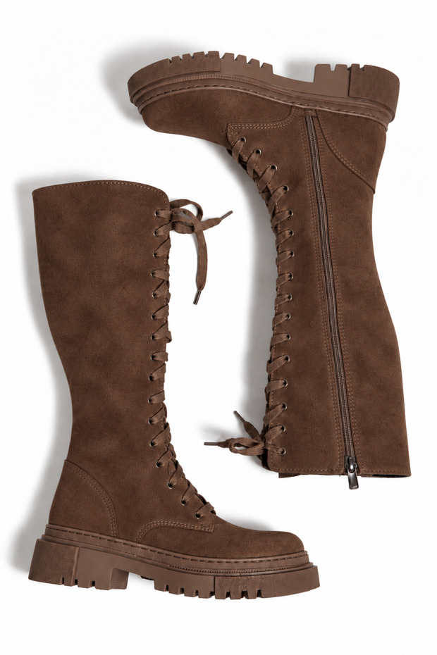 Lace-Up Long Boots Brown Suede