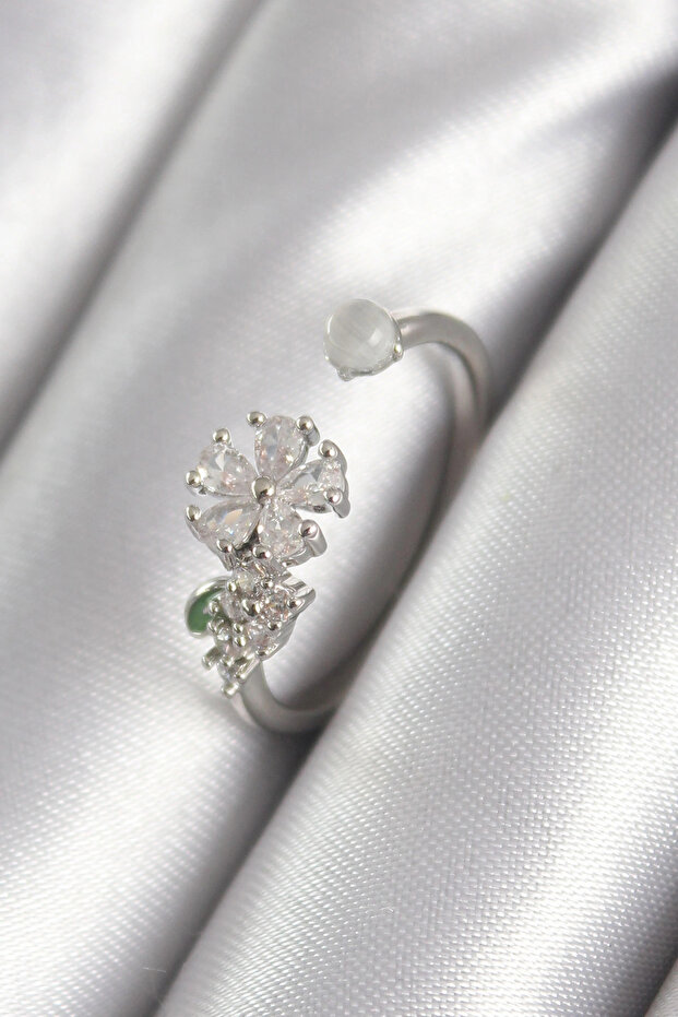 Brass Silver Color Zircon Stone Flower Model Women's Ring Tj-Byk3048
