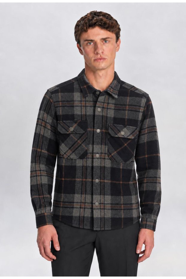 Men's Anthracite Long Sleeve Covered Double Pocket Denim Shirt with Button Detail