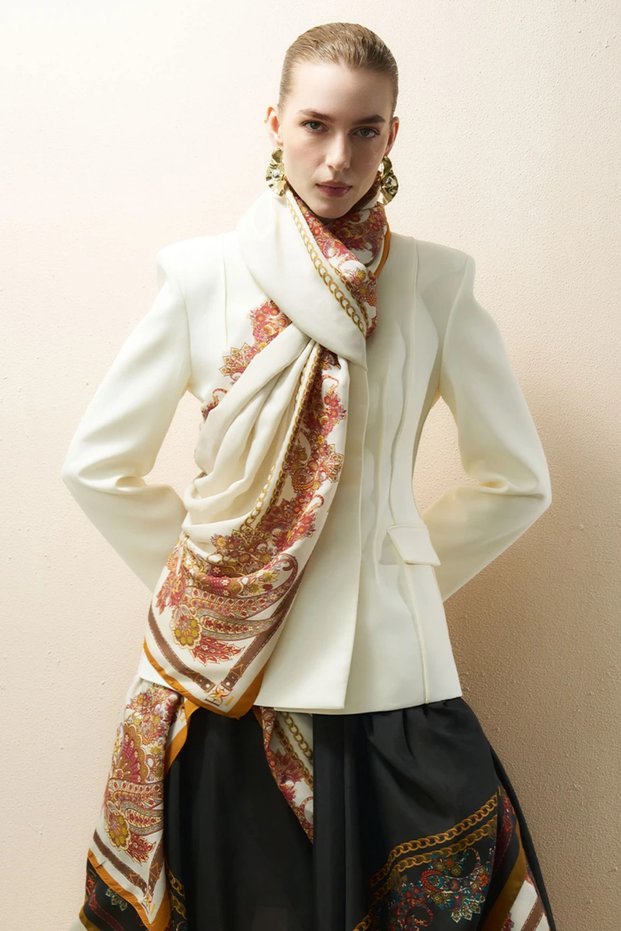Embroidered floss viscose shawl - orange