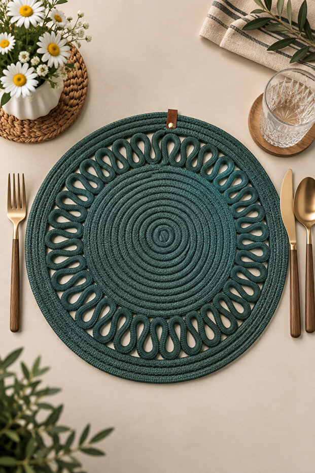 Decorative Single Placemat Patterned Tricot Model Round American Style Placemat Knitted Placemat Handmade Stylish Table Decoration Dining Table Breakfast Table Tableware Decor Home and Kitchen Accessory