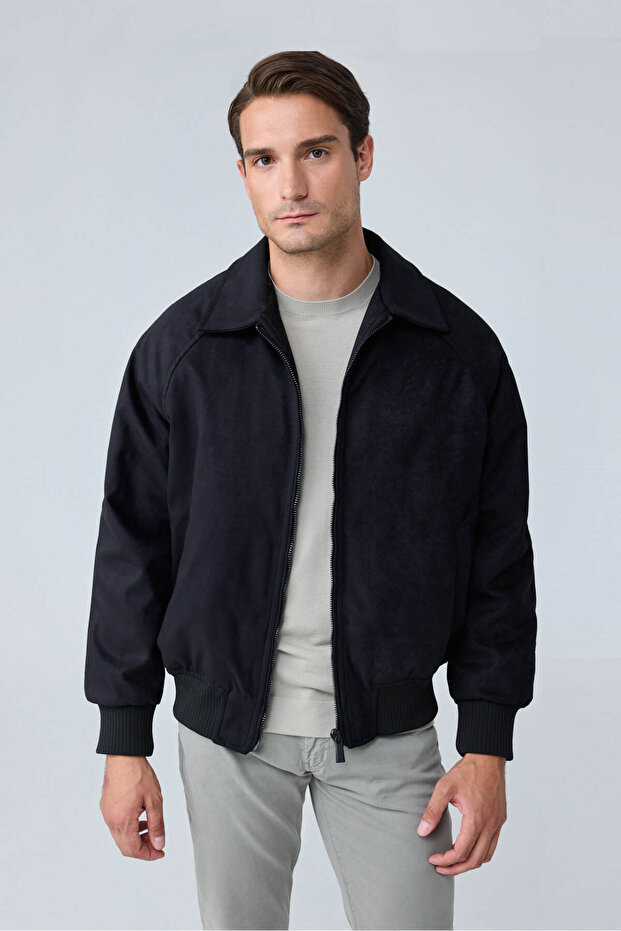 Men's Oversize Bomber Suede Jacket Black 4343Dngr