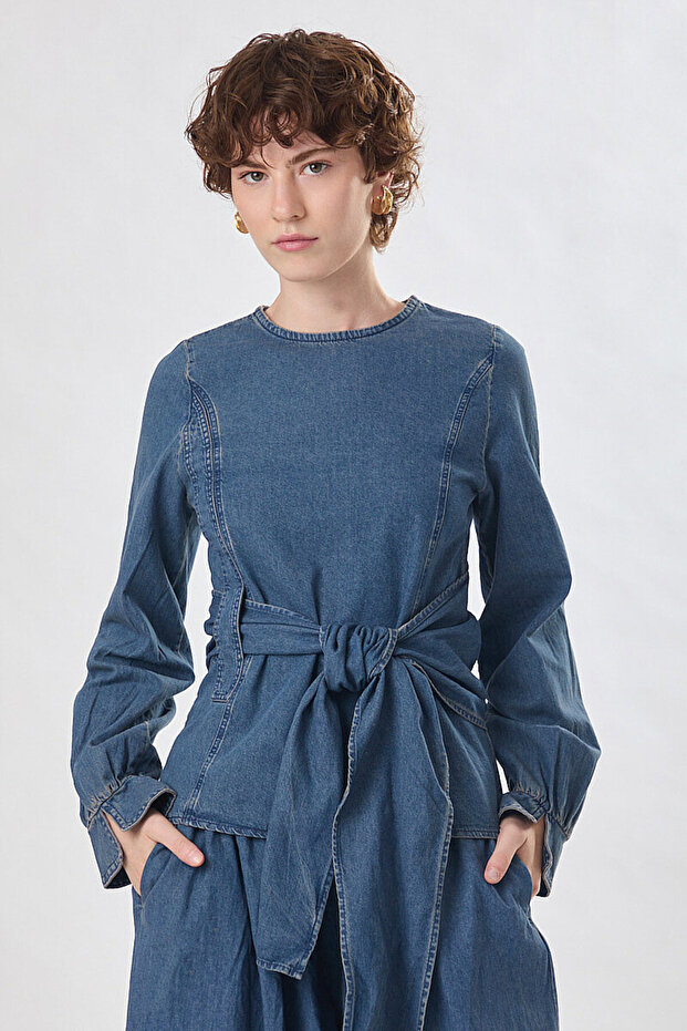 Tie-Front Denim Blouse Light Blue