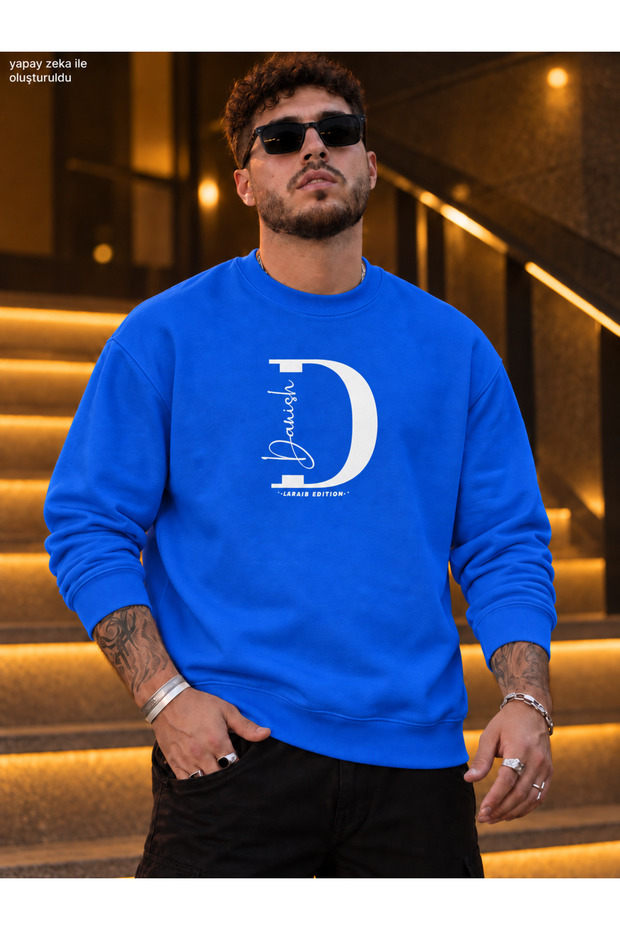 Men's Letter D and Danish Calligraphy Detailed Crew Neck Casual Regular Fit Sweatshirt