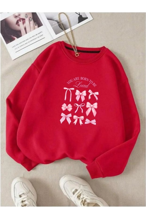 Genis Kesim Women's Oversize Thick Winter Sweatshirt Love Bow Printed Long Sleeve Crew Neck