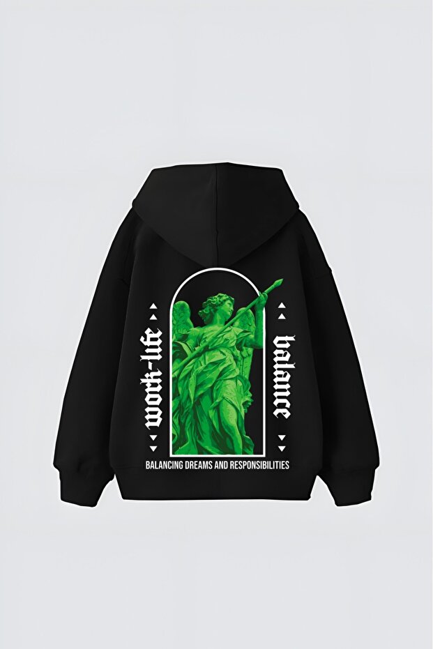 Black Unisex Work Life Printed Hooded Oversize Patterned Fabric Sports Sweatshirt Hzlkapbas23Ssweat
