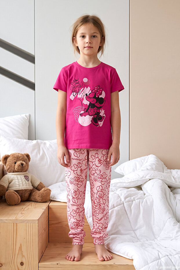 Girl's Short Sleeve Printed Combed Cotton Pajama Set 3039 Fuchsia