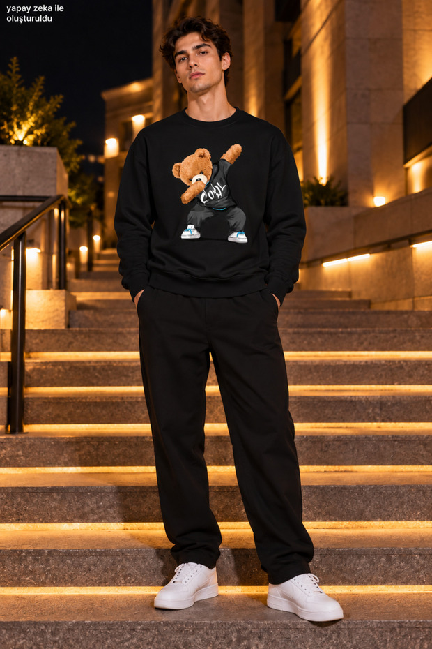Men's Hoodie-Crew Neck Casual Regular Fit Sweatshirt with Teddy Bear Figure