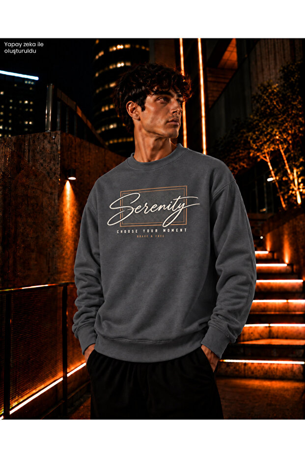 Men's Serenity Written and Tan Frame Detailed Crew Neck Casual Regular Fit Sweatshirt