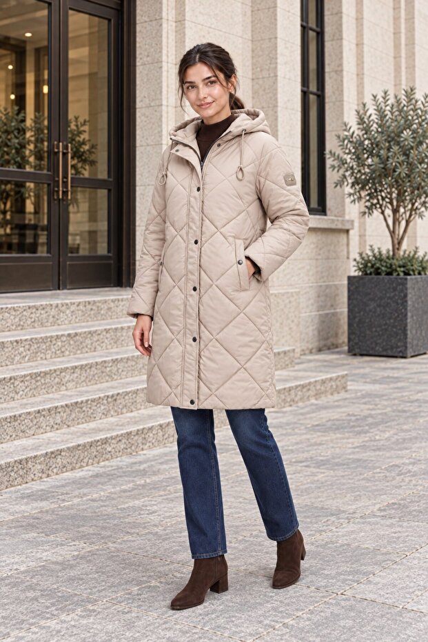 Women's Fixed Hooded Reversible Zippered Comfortable Fit Long Quilted Coat 8847