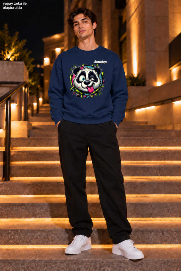 Men's Crazy Panda Figured and Bamboo Detailed Crew Neck Casual Regular Fit Sweatshirt