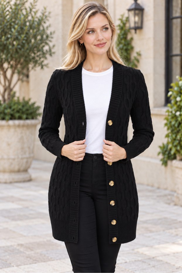 Women's V-Neck Long Sleeve Buttoned Chain Knit Patterned Embossed Stylish Elegant Soft Casual Black Long Knitwear Cardigan