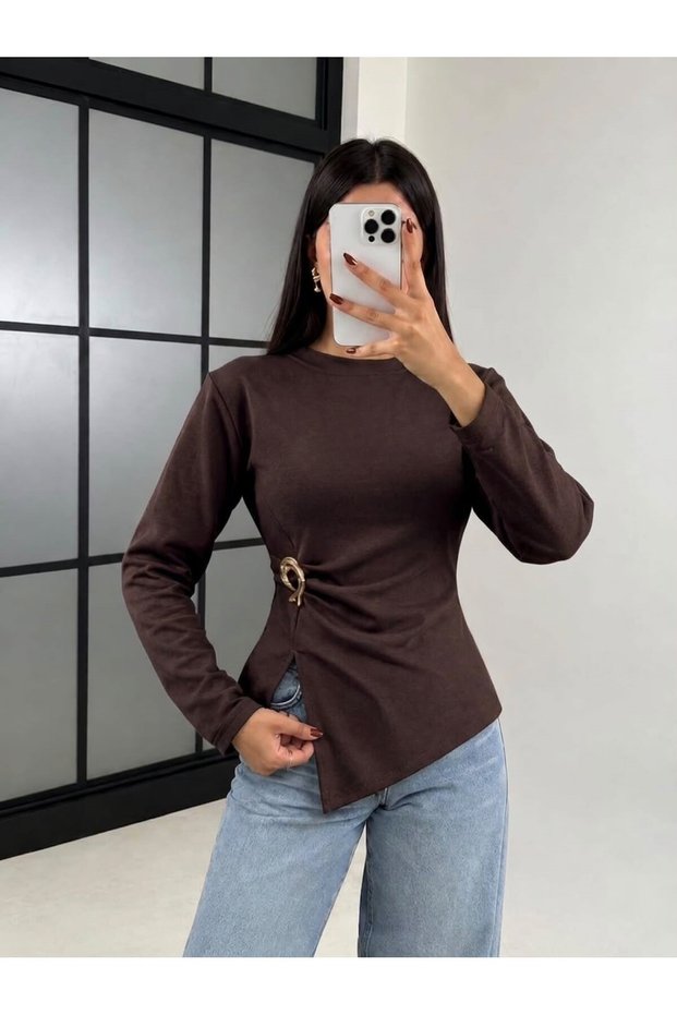 Crew Neck Skirt Slit Women's Blouse