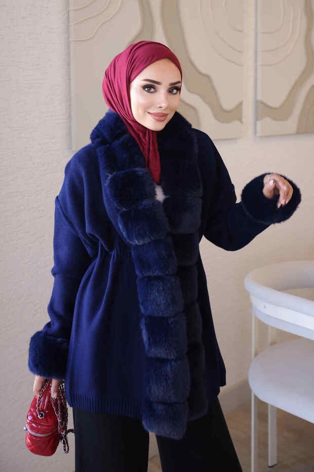 Navy Blue Waist-Tied Knitwear Cardigan with Fur Detail