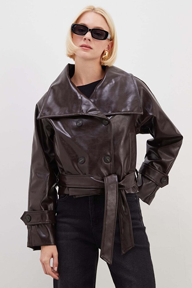 Faux Leather Jacket with Belted Waist