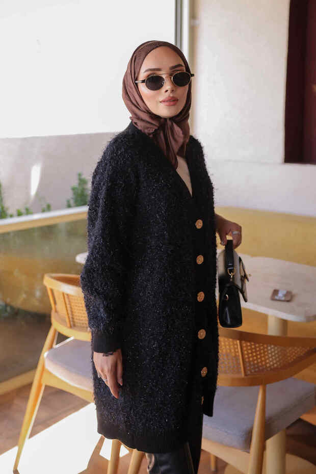 Black Buttoned Glittery Knitwear Cardigan