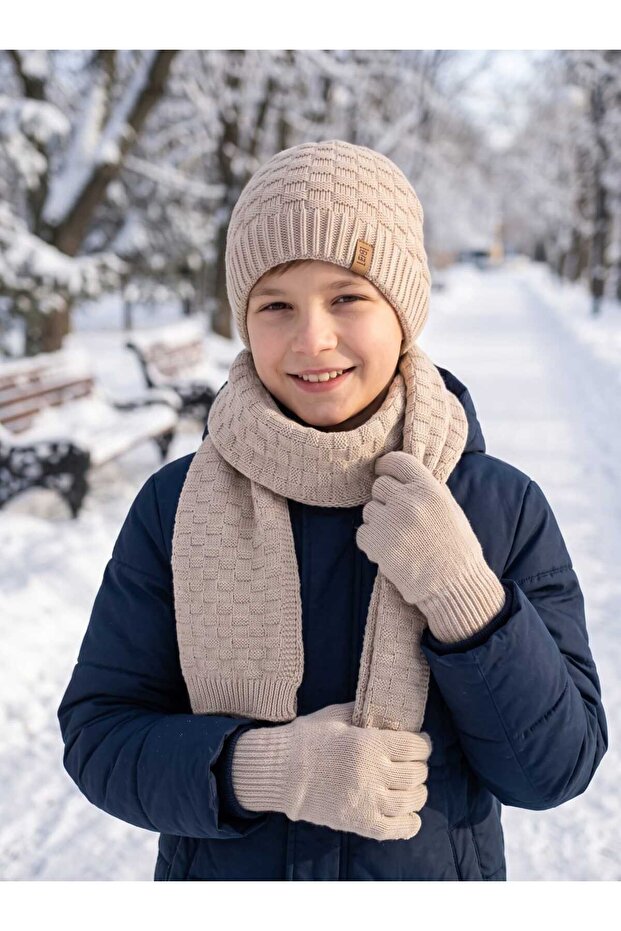 Scarf & Beanie & Gloves Set - Beige - Plain